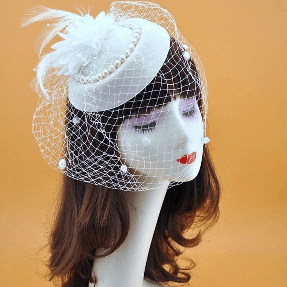 🤍 Pinup Accessory 1950s Retro Vintage Fascinator White Pillbox Pearl Veil Hat